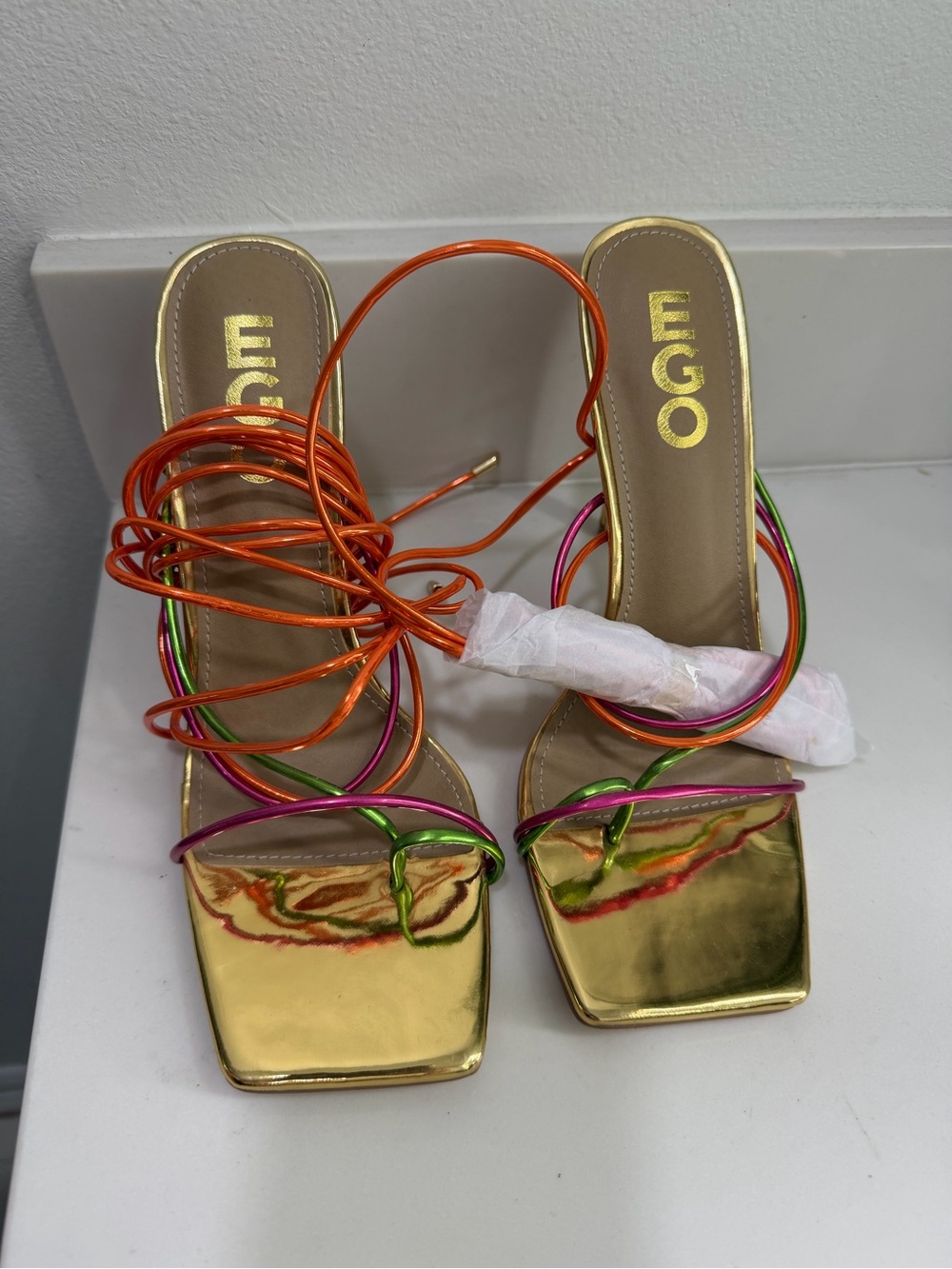 EGO Gold Metallic Square-Toe Sandal with Multicolor Lace-Up Straps